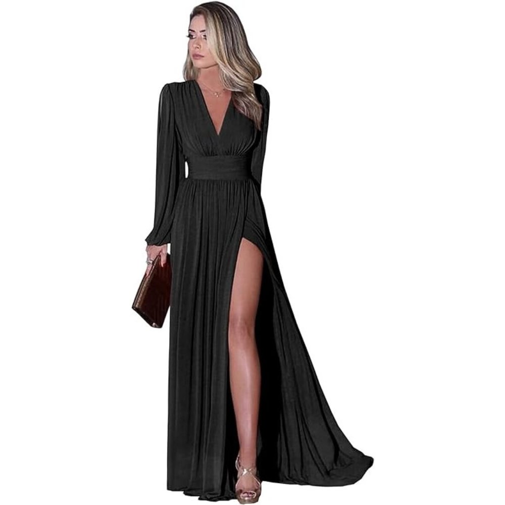 Long Sleeve Bridesmaid Dresses with Slit for Women V-Neck A Line Pleated Chiffon
